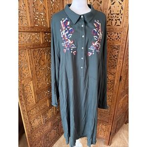 THML Dark Green Floral Embroidered Shirt Dress 3X Roll Tab Convertible Sleeve